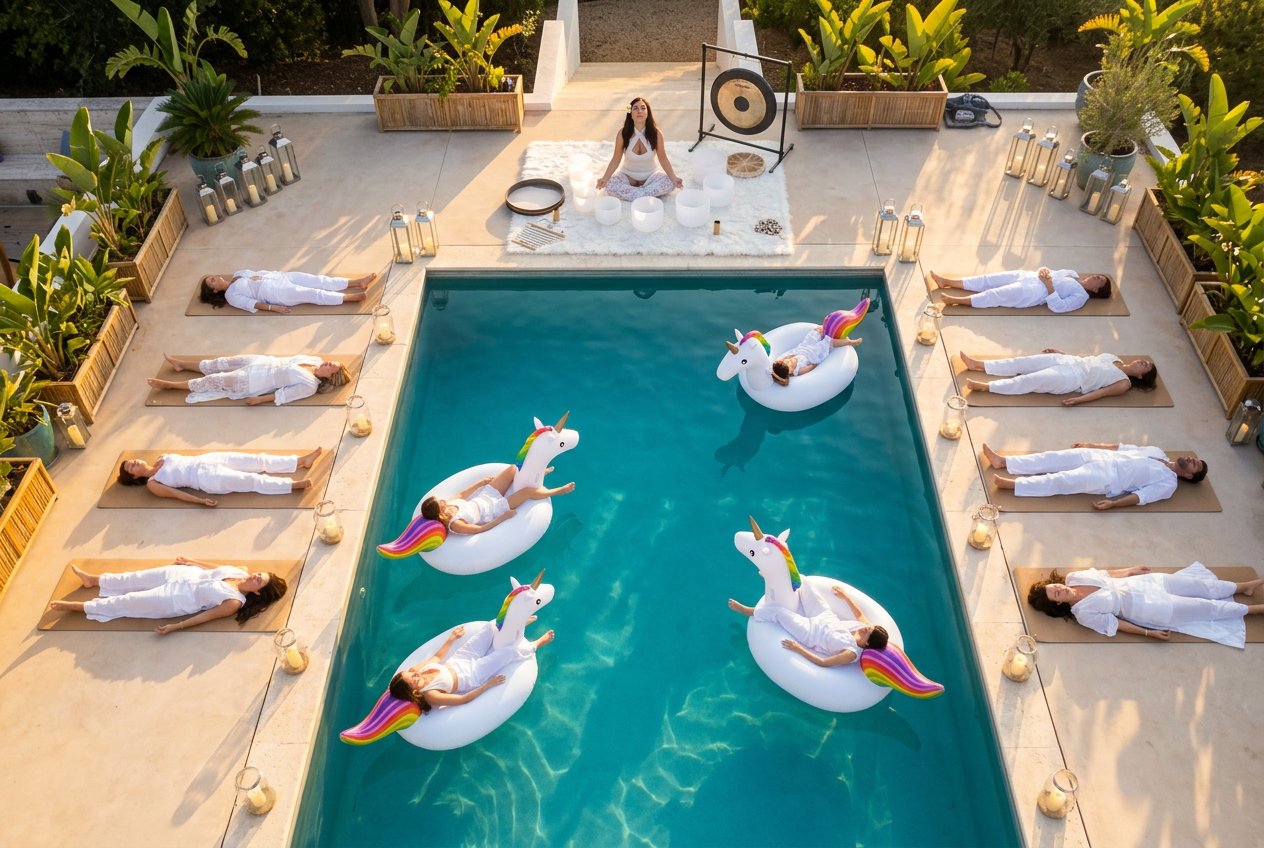 Aerial view of poolside sound bath setup