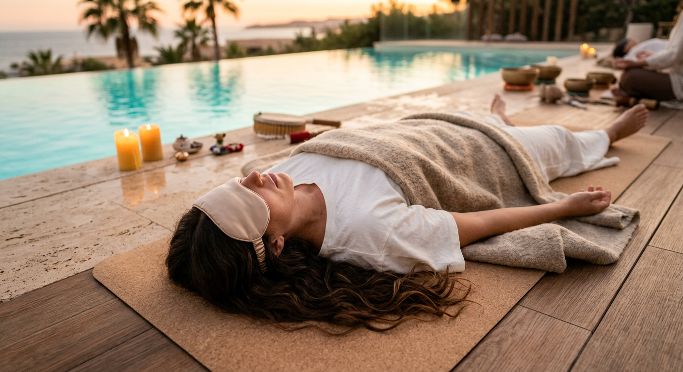 Guest wearing a beige sleep mask during sound bath