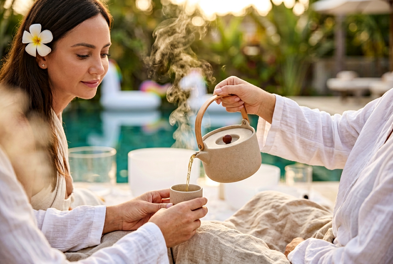 Tea ceremony in beige ceramic cups after a sound bath